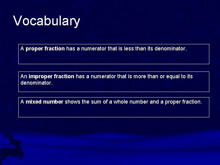 Vocabulary A proper fraction has a numerator that is less than its denominator. An