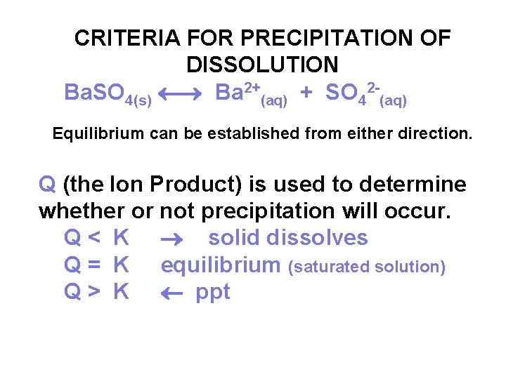 CRITERIA FOR PRECIPITATION OF DISSOLUTION Ba. SO 4(s) Ba 2+(aq) + SO 42 -(aq)