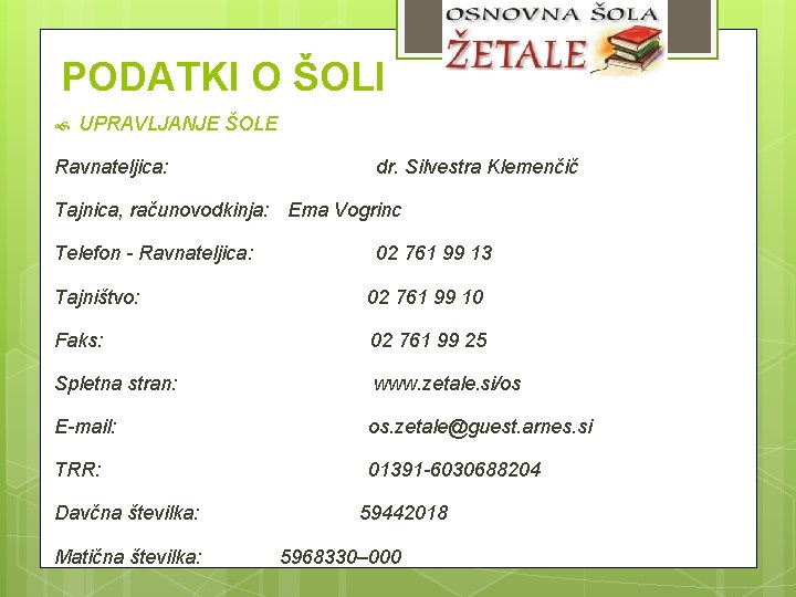PODATKI O ŠOLI UPRAVLJANJE ŠOLE Ravnateljica: dr. Silvestra Klemenčič Tajnica, računovodkinja: Ema Vogrinc Telefon