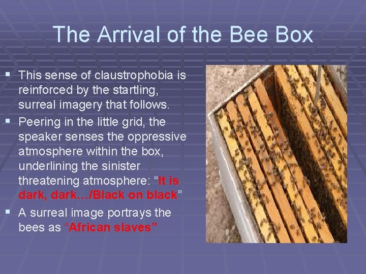 The Arrival of the Bee Box § This sense of claustrophobia is reinforced by
