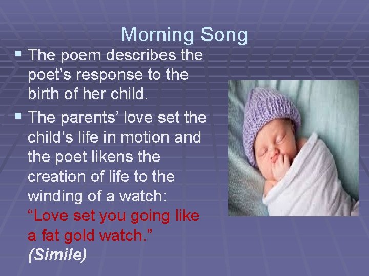 Morning Song § The poem describes the poet’s response to the birth of her