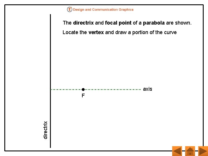 The directrix and focal point of a parabola are shown. Locate the vertex and
