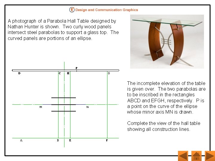 A photograph of a Parabola Hall Table designed by Nathan Hunter is shown. Two