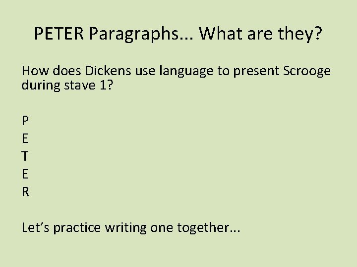 PETER Paragraphs. . . What are they? How does Dickens use language to present