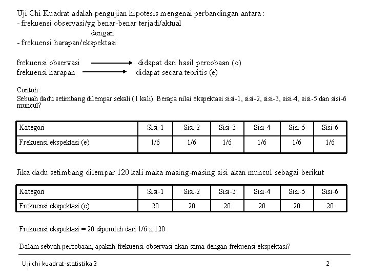 Uji Chi Kuadrat adalah pengujian hipotesis mengenai perbandingan antara : - frekuensi observasi/yg benar-benar