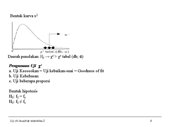 Bentuk kurva x 2 Daerah penolakan H 0 → χ² > χ² tabel (db;