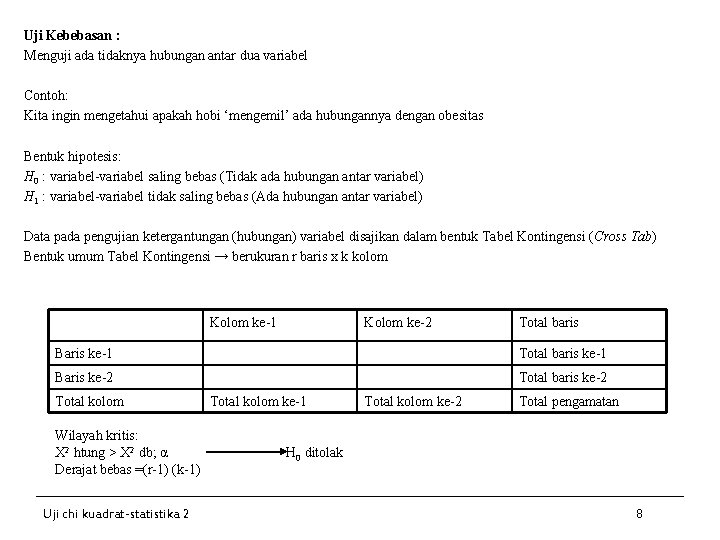 Uji Kebebasan : Menguji ada tidaknya hubungan antar dua variabel Contoh: Kita ingin mengetahui