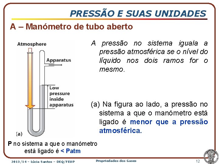 PRESSÃO E SUAS UNIDADES A – Manómetro de tubo aberto A pressão no sistema