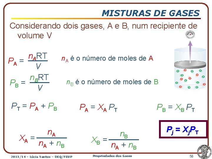 MISTURAS DE GASES Considerando dois gases, A e B, num recipiente de volume V