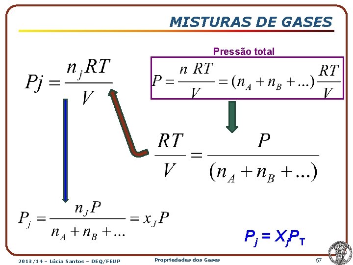 MISTURAS DE GASES Pressão total P j = X j. P T 2013/14 –