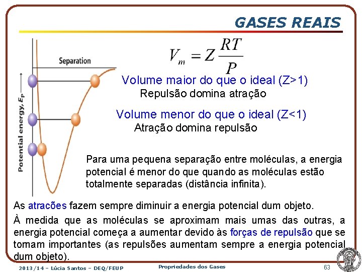 GASES REAIS Volume maior do que o ideal (Z>1) Repulsão domina atração Volume menor