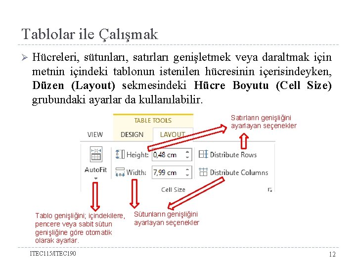 Tablolar ile Çalışmak Ø Hücreleri, sütunları, satırları genişletmek veya daraltmak için metnin içindeki tablonun