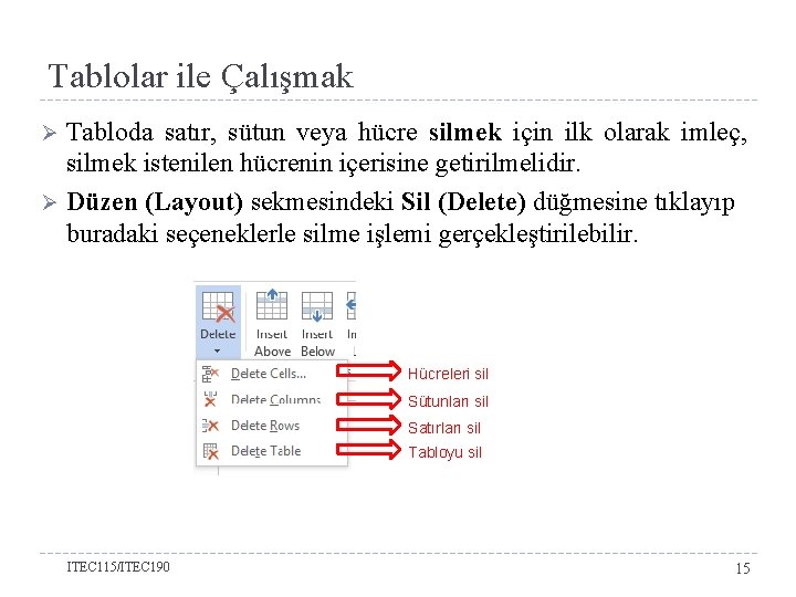 Tablolar ile Çalışmak Tabloda satır, sütun veya hücre silmek için ilk olarak imleç, silmek