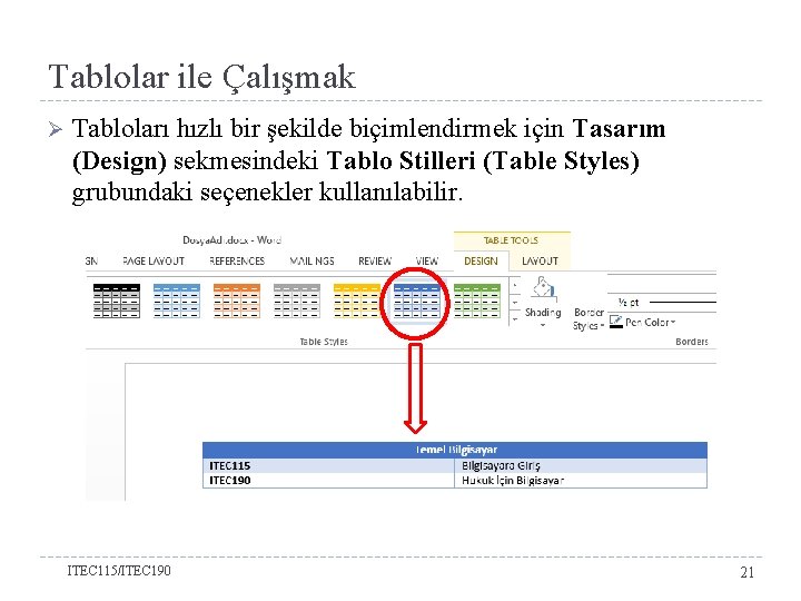 Tablolar ile Çalışmak Ø Tabloları hızlı bir şekilde biçimlendirmek için Tasarım (Design) sekmesindeki Tablo