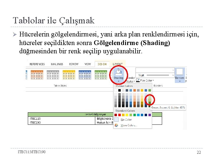 Tablolar ile Çalışmak Ø Hücrelerin gölgelendirmesi, yani arka plan renklendirmesi için, hücreler seçildikten sonra