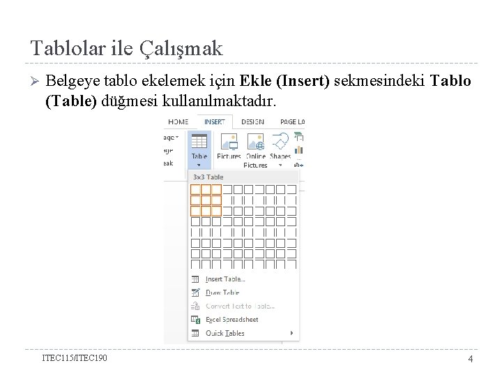 Tablolar ile Çalışmak Ø Belgeye tablo ekelemek için Ekle (Insert) sekmesindeki Tablo (Table) düğmesi