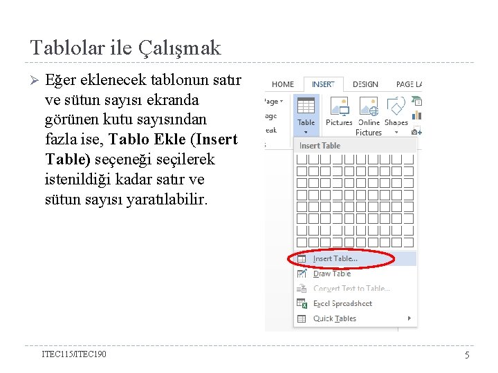 Tablolar ile Çalışmak Ø Eğer eklenecek tablonun satır ve sütun sayısı ekranda görünen kutu