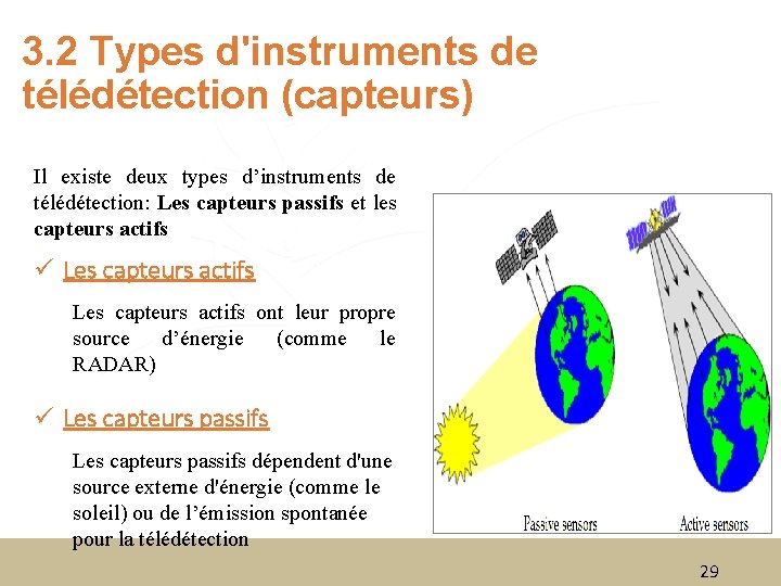 3. 2 Types d'instruments de télédétection (capteurs) Il existe deux types d’instruments de télédétection: