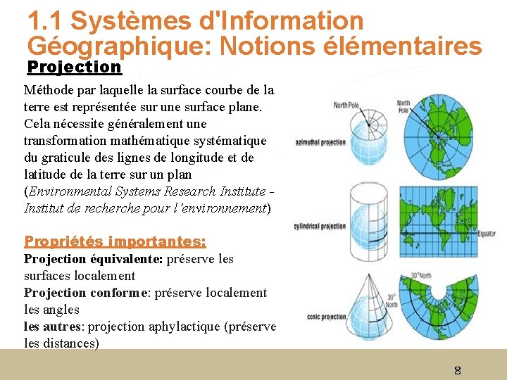 1. 1 Systèmes d'Information Géographique: Notions élémentaires Projection Méthode par laquelle la surface courbe