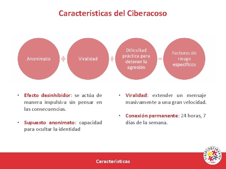 Características del Ciberacoso • Efecto desinhibidor: se actúa de manera impulsiva sin pensar en