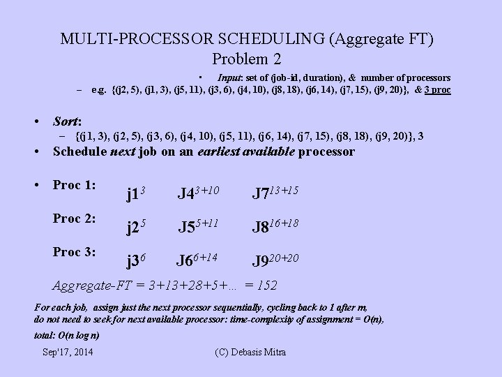 MULTI-PROCESSOR SCHEDULING (Aggregate FT) Problem 2 – • Input: set of (job-id, duration), &