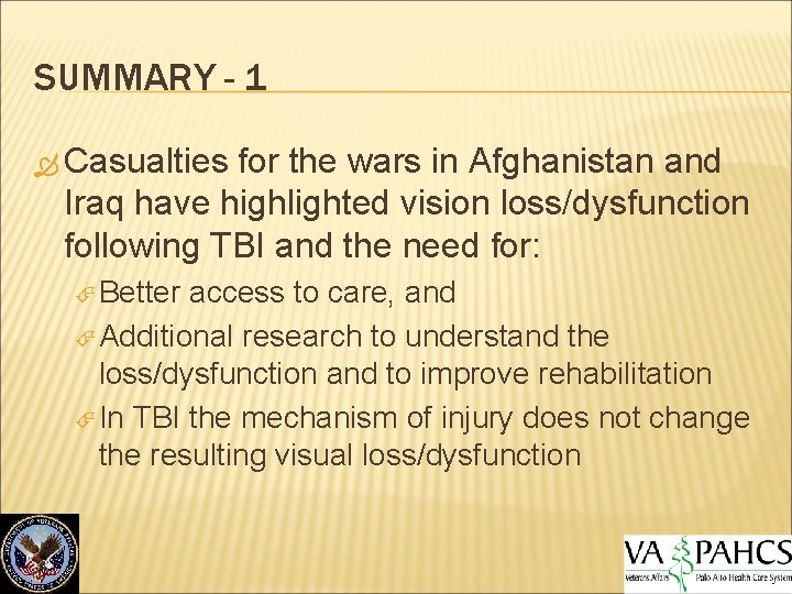 SUMMARY - 1 Casualties for the wars in Afghanistan and Iraq have highlighted vision