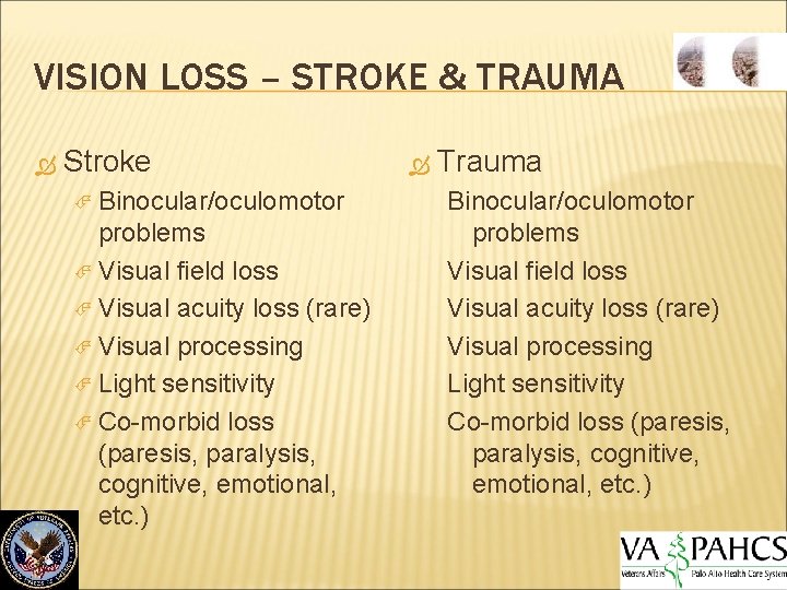 VISION LOSS – STROKE & TRAUMA Stroke Binocular/oculomotor problems Visual field loss Visual acuity