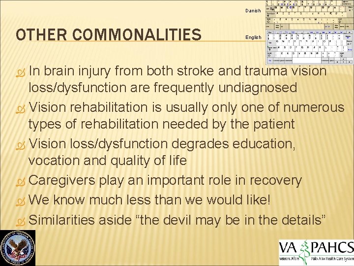Danish OTHER COMMONALITIES English In brain injury from both stroke and trauma vision loss/dysfunction