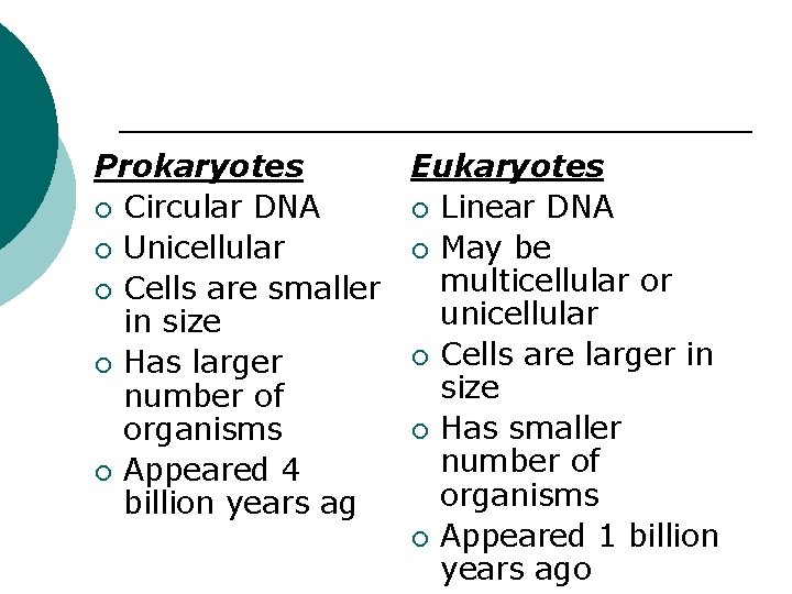 Eukaryotes Prokaryotes ¡ Linear DNA ¡ Circular DNA ¡ May be ¡ Unicellular multicellular