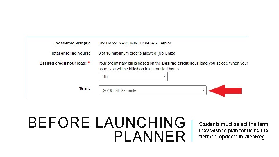 BEFORE LAUNCHING PLANNER Students must select the term they wish to plan for using