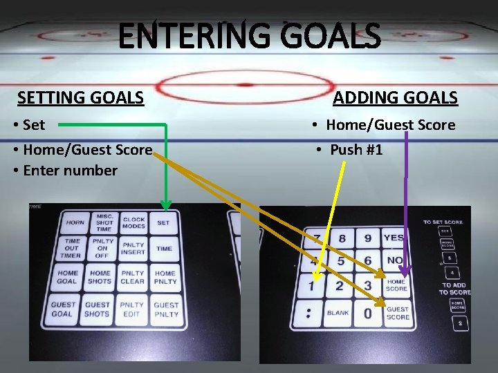 ENTERING GOALS SETTING GOALS • Set • Home/Guest Score • Enter number ADDING GOALS