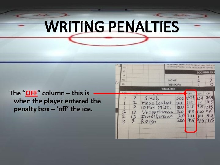 WRITING PENALTIES The “OFF” column – this is when the player entered the penalty