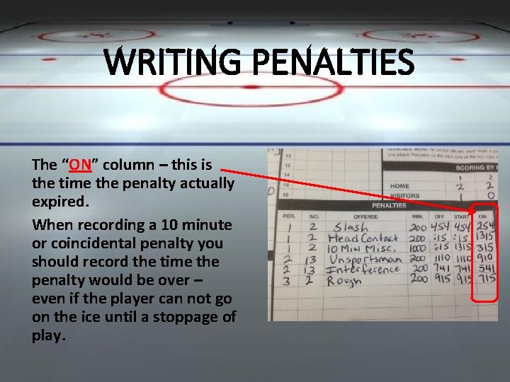 WRITING PENALTIES The “ON” column – this is the time the penalty actually expired.