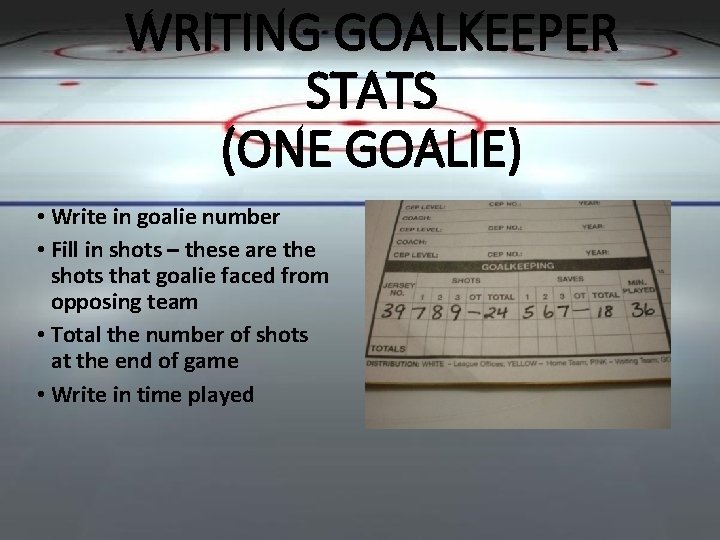 WRITING GOALKEEPER STATS (ONE GOALIE) • Write in goalie number • Fill in shots
