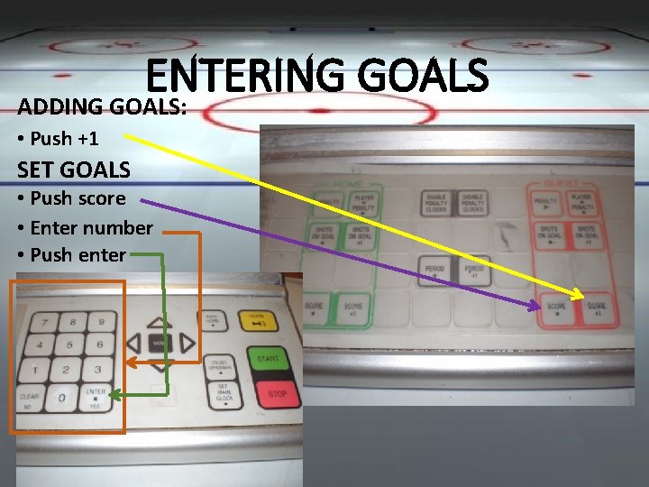 ENTERING GOALS ADDING GOALS: • Push +1 SET GOALS • Push score • Enter