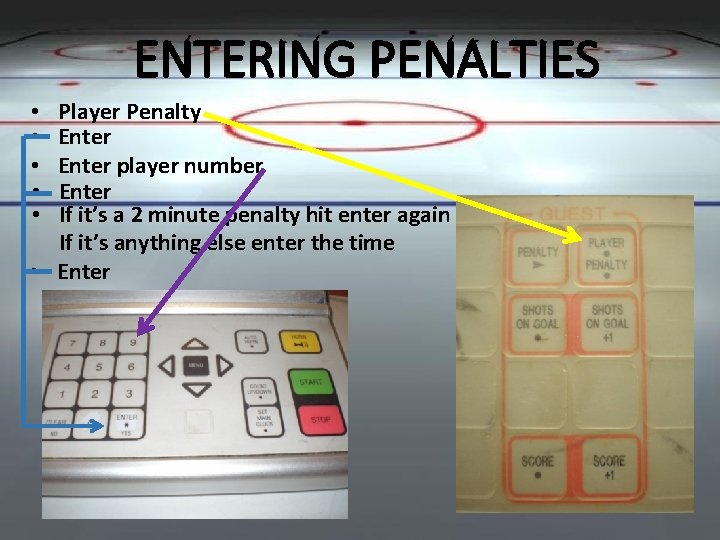 ENTERING PENALTIES Player Penalty Enter player number Enter If it’s a 2 minute penalty