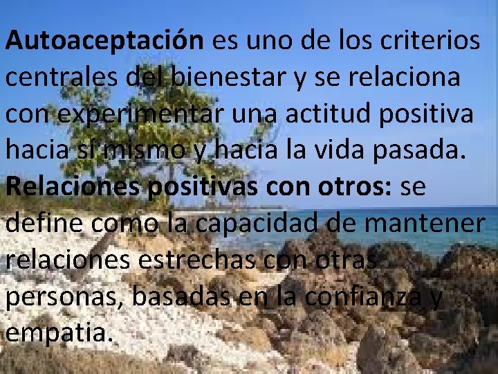 Autoaceptación es uno de los criterios centrales del bienestar y se relaciona con experimentar