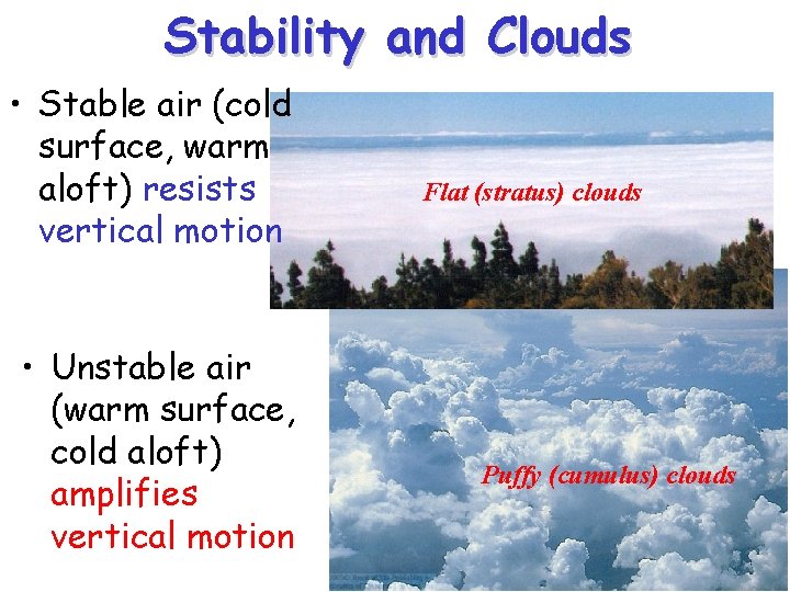 Stability and Clouds • Stable air (cold surface, warm aloft) resists vertical motion •