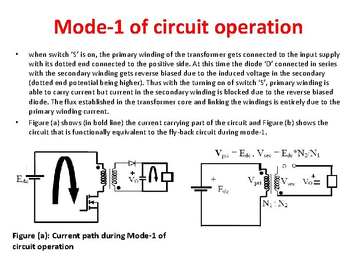 Mode-1 of circuit operation • • when switch ‘S’ is on, the primary winding