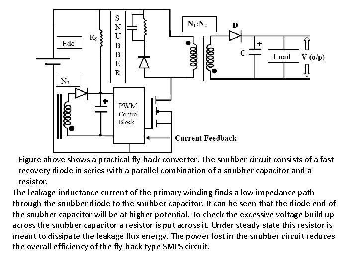 Figure above shows a practical fly-back converter. The snubber circuit consists of a fast