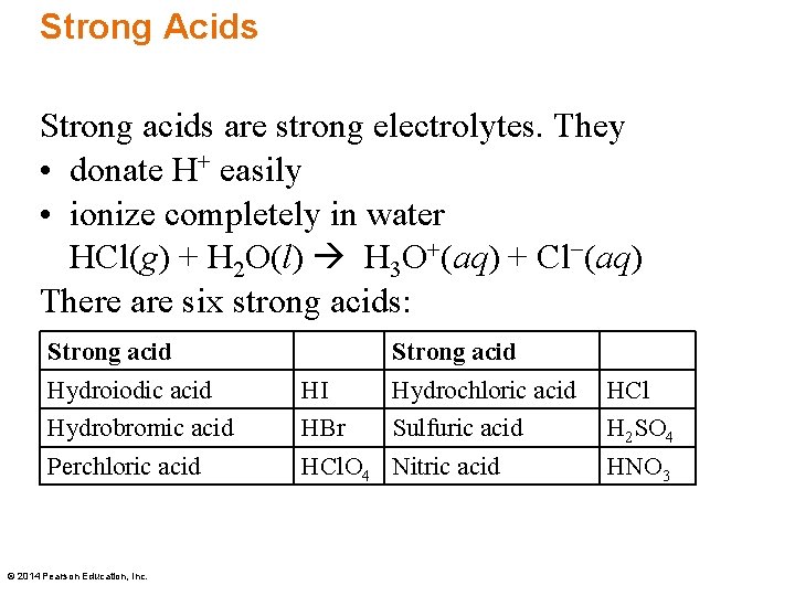 Strong Acids Strong acids are strong electrolytes. They • donate H+ easily • ionize