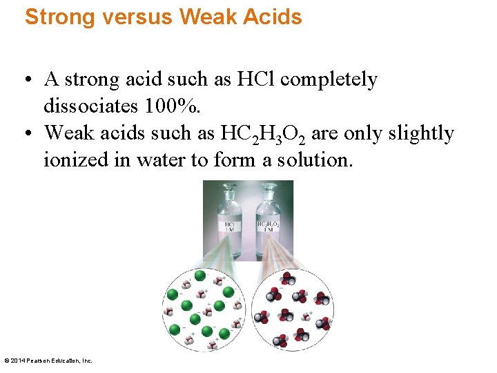 Strong versus Weak Acids • A strong acid such as HCl completely dissociates 100%.