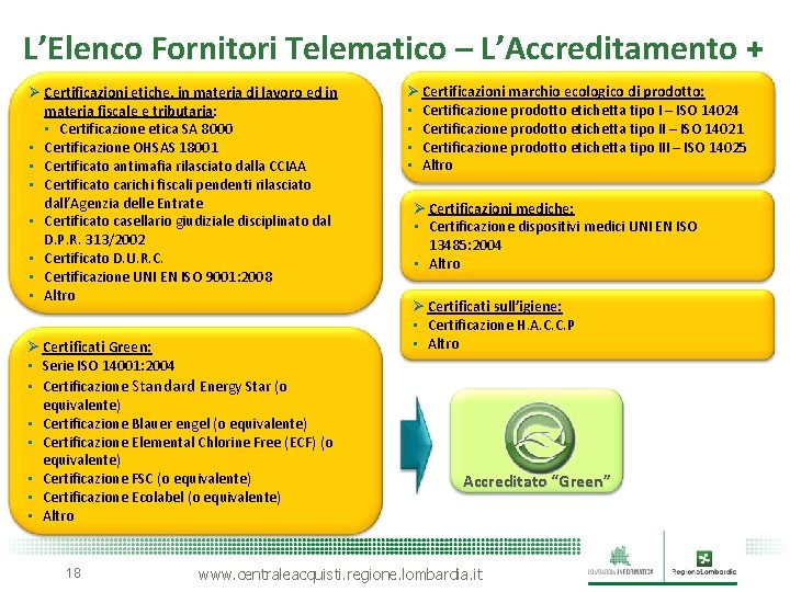 L’Elenco Fornitori Telematico – L’Accreditamento + L’Elenco Fornitori Telematico – Accreditato Ø Certificazioni marchio