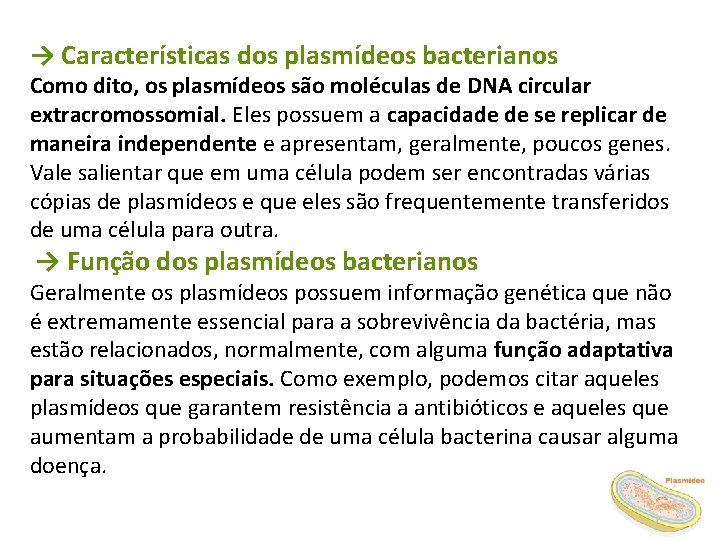 → Características dos plasmídeos bacterianos Como dito, os plasmídeos são moléculas de DNA circular