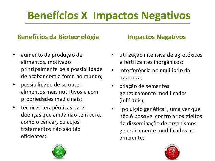 Benefícios X Impactos Negativos Benefícios da Biotecnologia Impactos Negativos • aumento da produção de