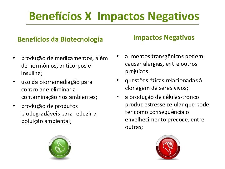 Benefícios X Impactos Negativos Benefícios da Biotecnologia Impactos Negativos • produção de medicamentos, além