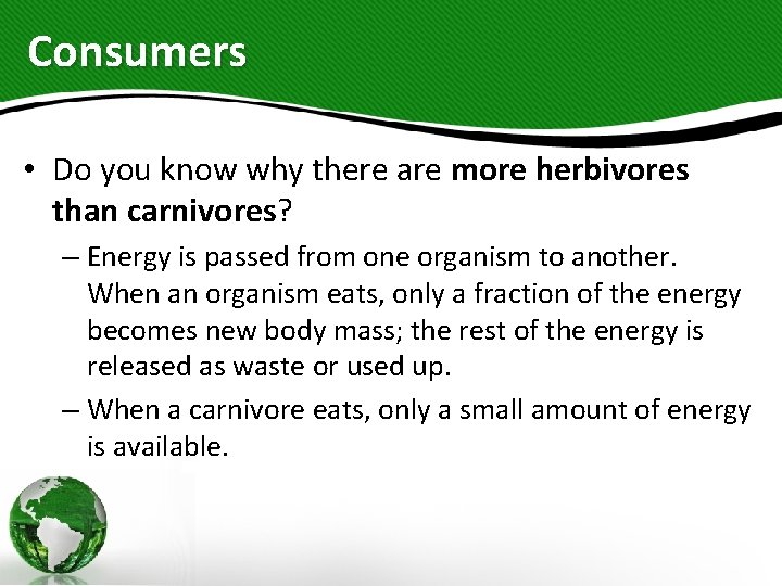 Consumers • Do you know why there are more herbivores than carnivores? – Energy
