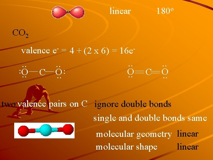 linear 180 o CO 2 valence e- = 4 + (2 x 6) =