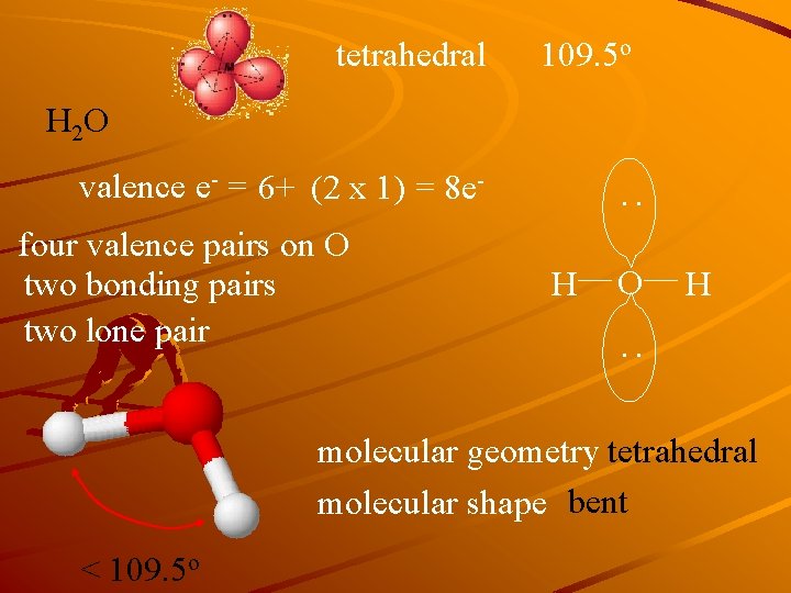 tetrahedral 109. 5 o H 2 O four valence pairs on O two bonding