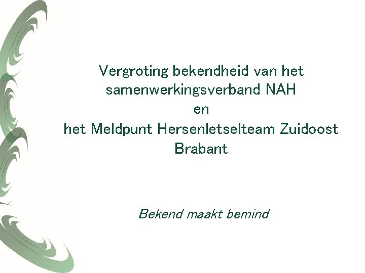 Vergroting bekendheid van het samenwerkingsverband NAH en het Meldpunt Hersenletselteam Zuidoost Brabant Bekend maakt